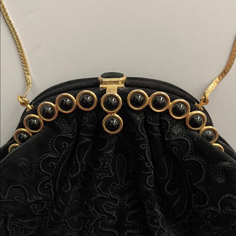 Vintage Judith Leiber Black Suede Embroidered Evening Bag with Gold Hardware - Picture 5 of 7
